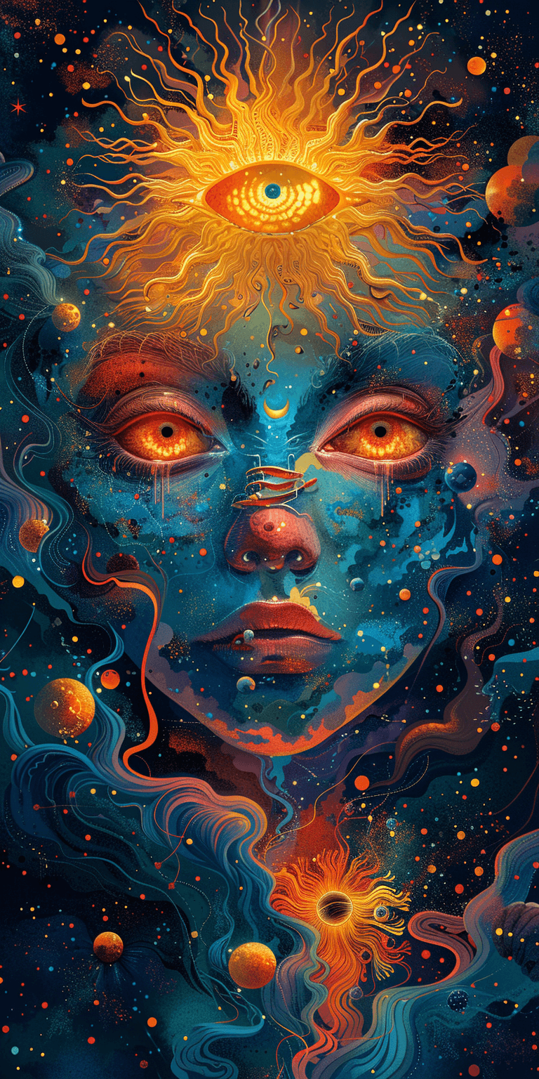 AI generated: Third eye in the center of an all-seeing sun, psychedelic art, symmetrical lines, vector design, col...