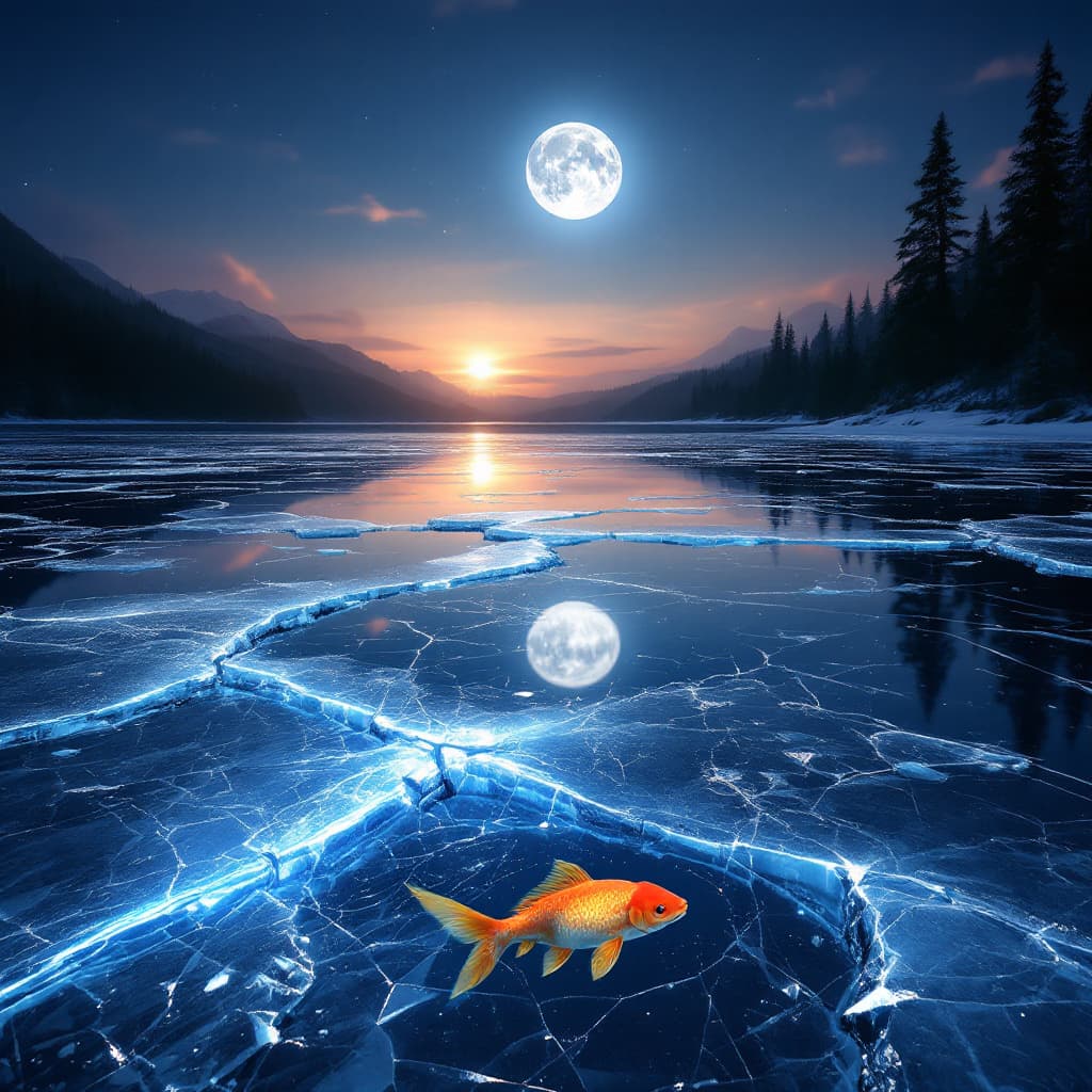 AI generated: highly reflective ice on lake minutely fractured showing the full moon in it's brilliance and detail...
