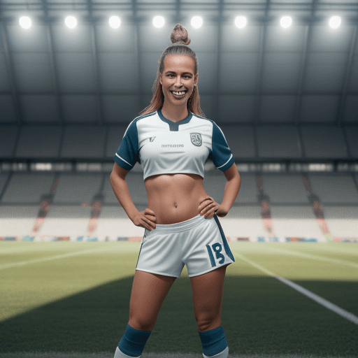 AI generated: professional sports athletic woman dressed as soccer player, soccer ball, smiling, football pitch in...