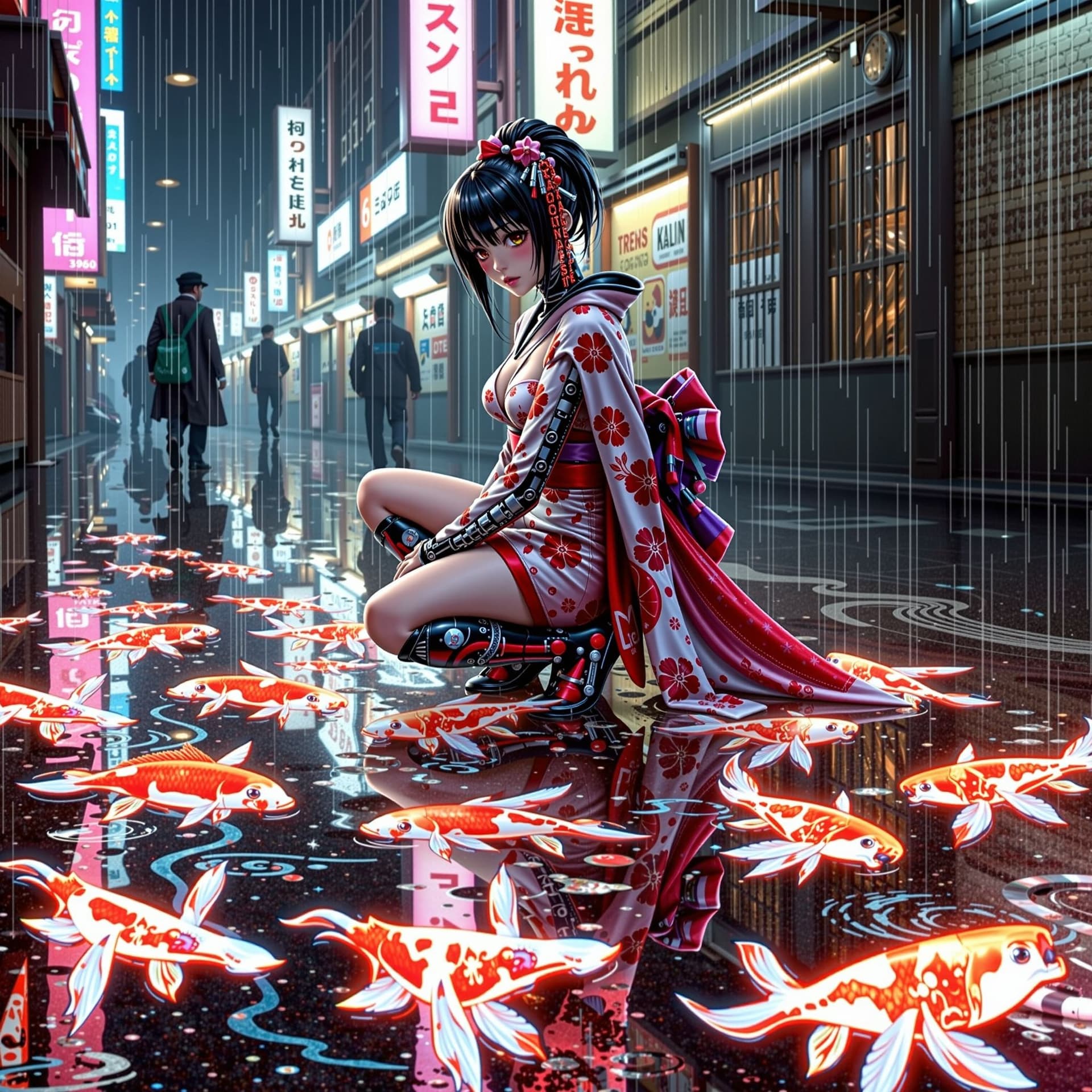 AI generated: Cybernetic geisha in a rain-slicked Neo-Tokyo alley, holographic koi fish swimming through neon-lit ...