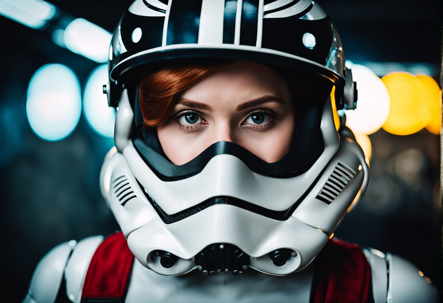 AI generated: 35mm original cinematic photo by Christopher Nolan, close up, a cute girl , red hair, cosplaying an ...