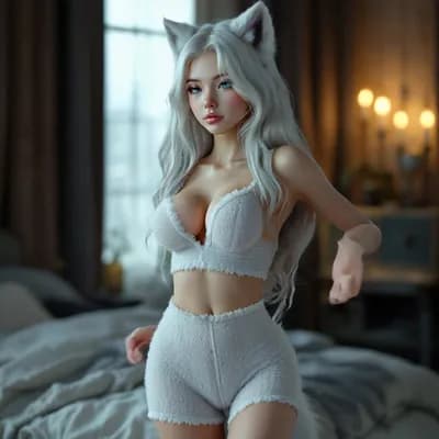 AI generated video: Hands rubbing ears. Wolf ears move, twitch and swivel. Tail swishes and moves. 
