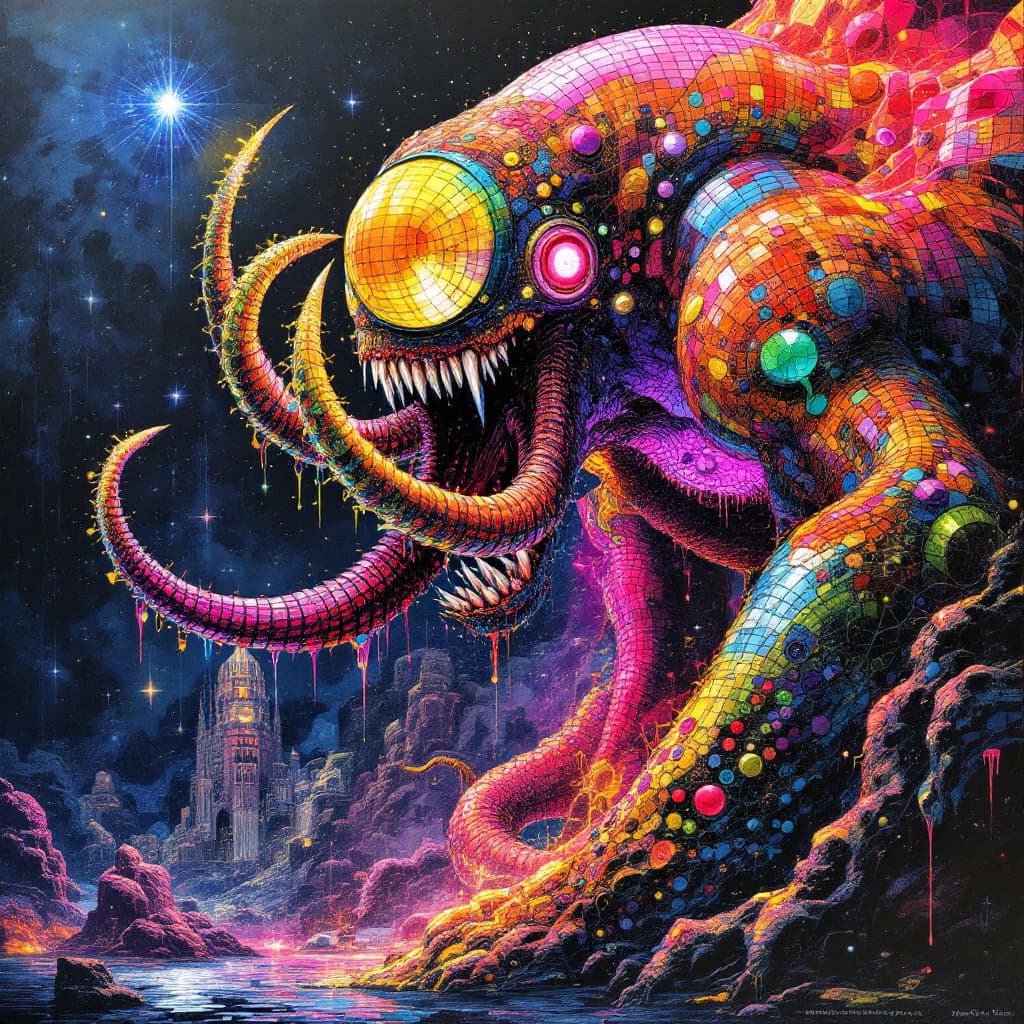 AI generated: mosaic of a monster in neon colors, Frank Lloyd, Eames, Mies van der Rohe, Howard Finster, hyperreal...