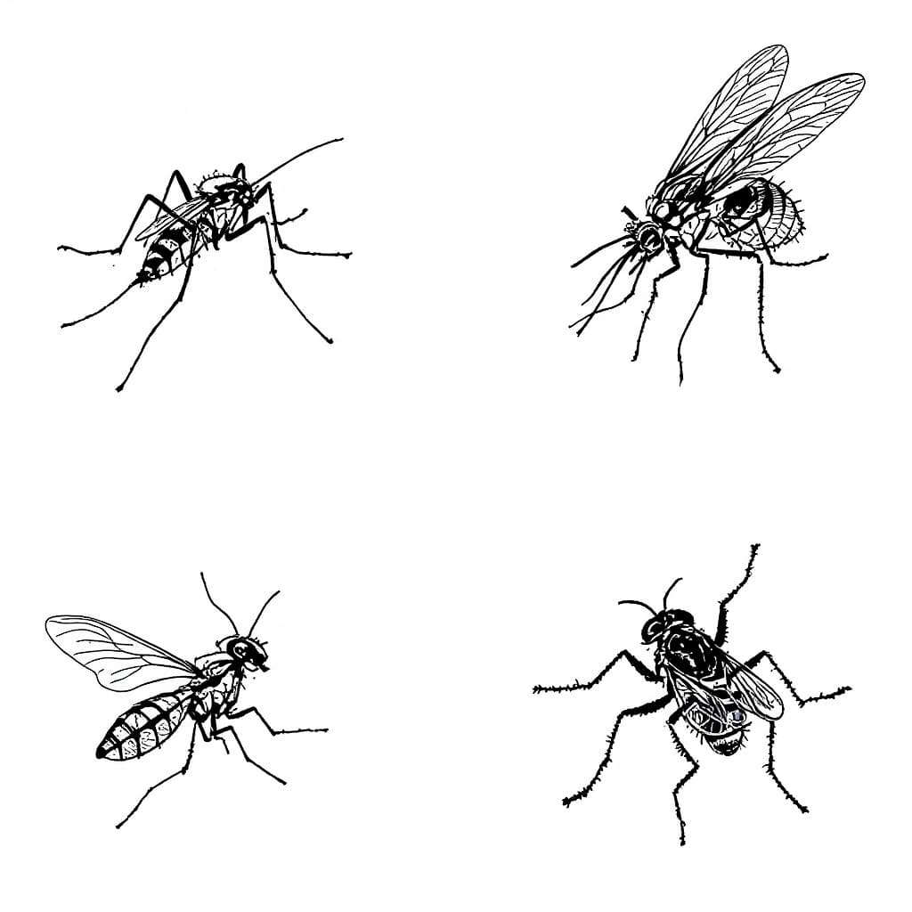 AI generated: black-and-white sketch of a mosquito and a fly arranged diagonally in the four corners of the screen