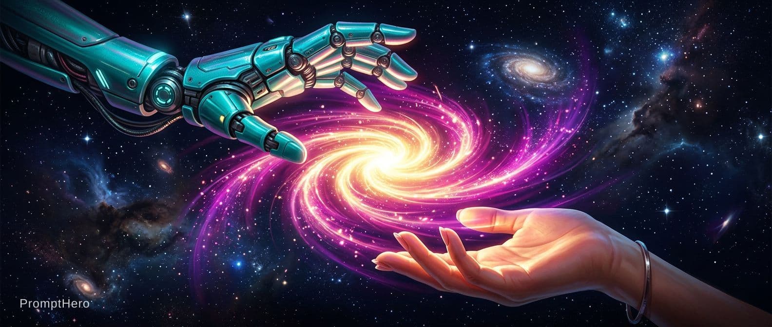 AI generated: 2 Hands. Hand 1: Robot hand, colour turquois metal, relaxed open, relaxed wrist, palm downward. Hand...