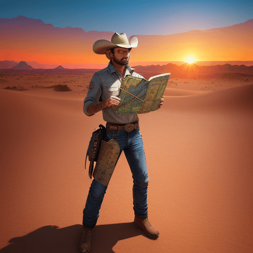 AI generated: A 3D sticker design showcasing a cowboy with a map in hand, searching for hidden treasure in the des...