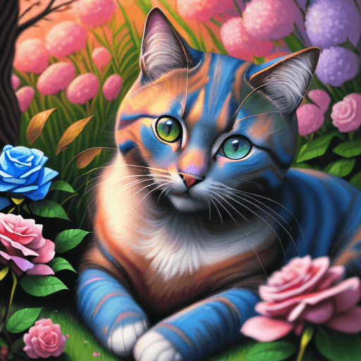 AI generated: Una pintura de un gato con ojos azules sentado en un jardín de rosas, gato detallado, Arte detallado...