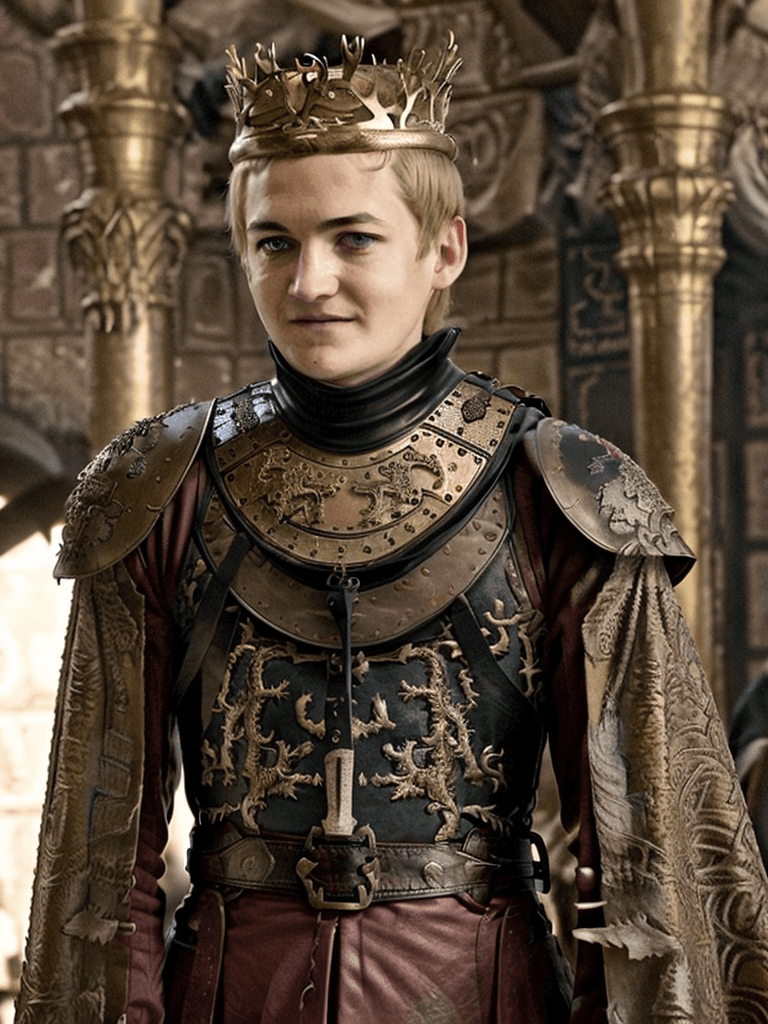 AI generated: Joffrey Baratheon, medieval armor, crown, detailed eyes, ultra sharpness, highest quality, art by An...