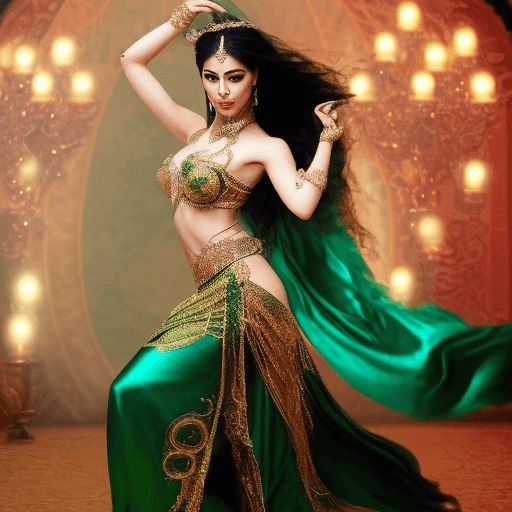 AI generated: A stunning 25-year-old belly dancer stands poised, her mesmerizing deep green eyes shining Long, dar...