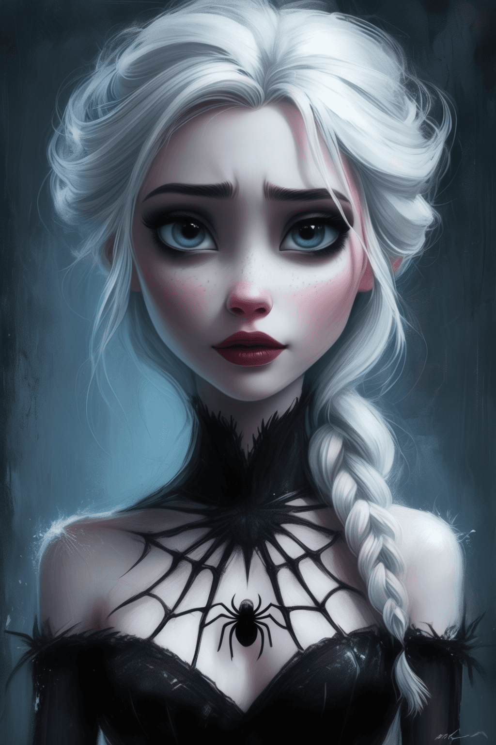 AI generated: Elsa, Goth Black Spider Style, by Sam Toft, by Tim Burton, by Elsa Bleda, by Ross Tran