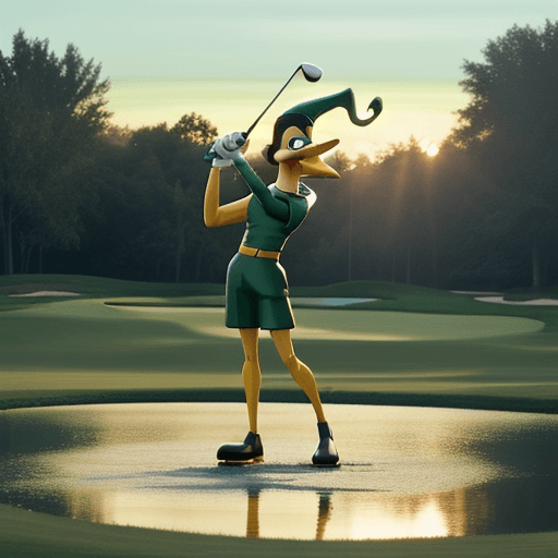 AI generated: Daffy Duck swinging golf clubs with Bender from Futurama on a waterlogged green, wearing Santa hats,...