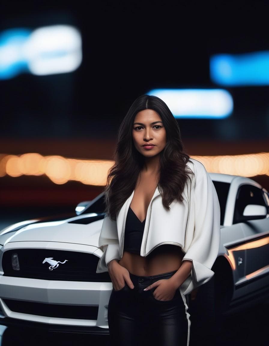 AI generated: a picture of a ford mustang, modern car, black color, perfectly centered, dark night, neon lights in...
