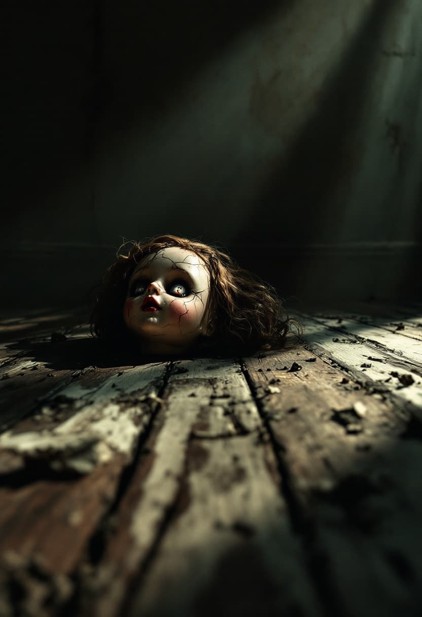 AI generated: a hauntingly lit, cinematic photograph of a delicate, antique porcelain doll, its face cracked, with...