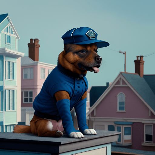 AI generated: a dog wearing a baseball cap, sitting on top of a building overlooking a small blue house by Miles A...