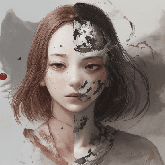 AI generated: a single Woman crying blood, artwork by Takato Yamamoto and Chika Yamada, minimalistic, face barely ...