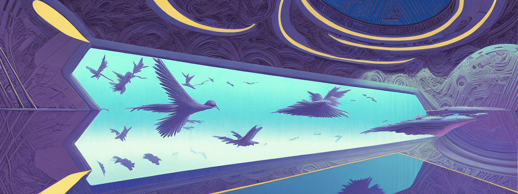 AI generated: a 3d detailed painting inspired by moebius of a 4d mirror cabinet. flying birds, inspired by technol...