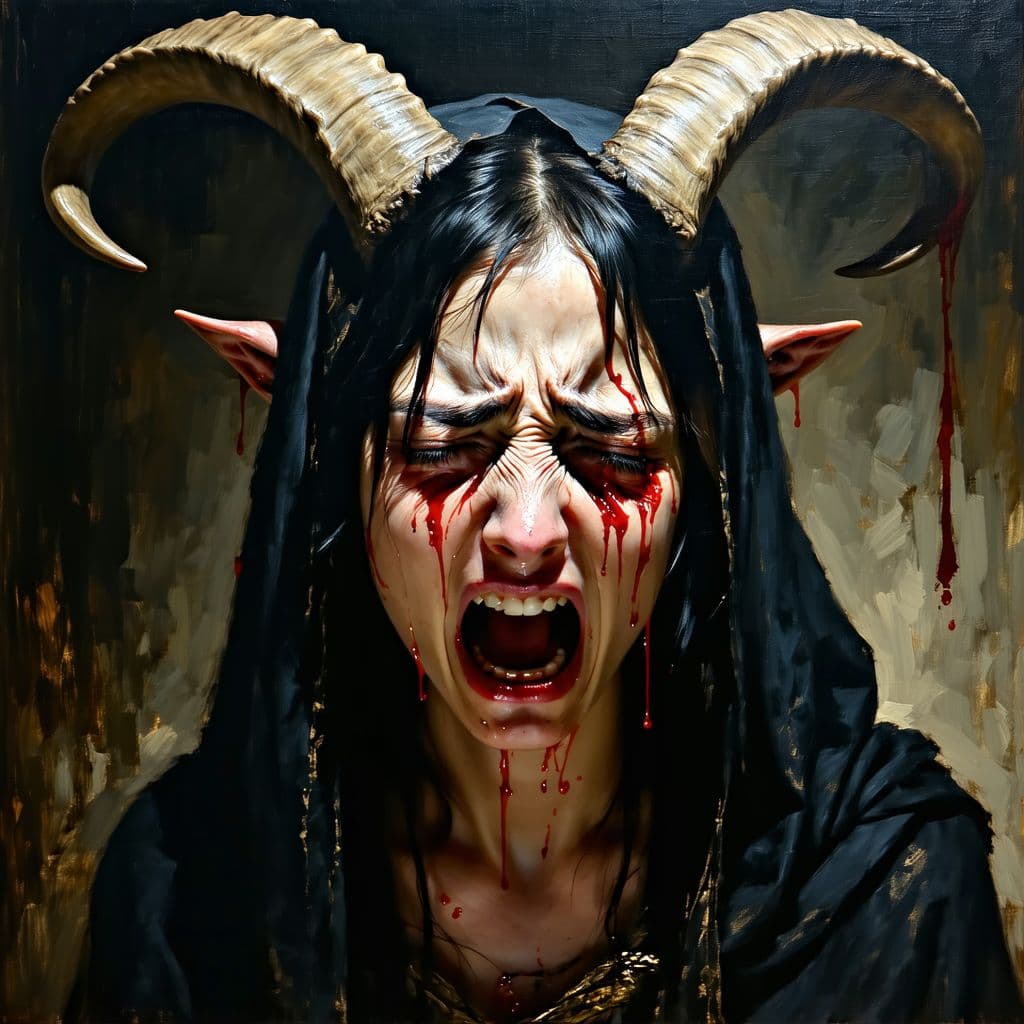 AI generated: realistic epic, Woman crying with (goat horns 1.2), sad look, deeply sad facial expression, red and ...