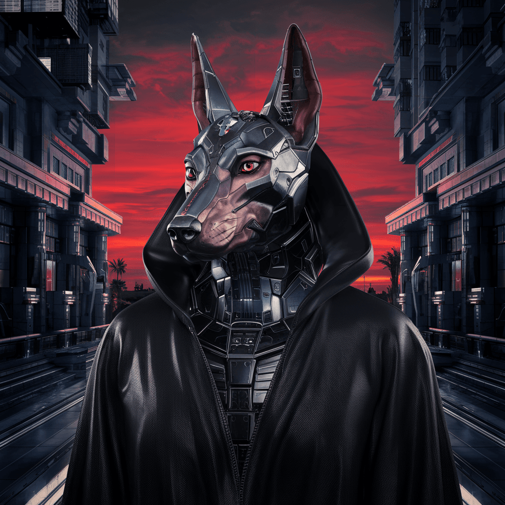 AI generated: portrait the egyptian male anubis, cyberpunk, black, pyramid, hyperdetailed eyes, hyperrealism extre...
