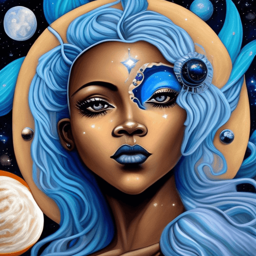 AI generated: a painting of a woman with blue hair and a full moon, cosmic goddess, lunar goddess, moon goddess, g...