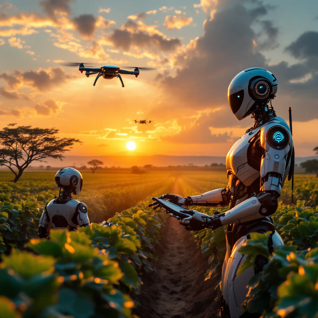 AI generated: A vibrant sunrise over an African farm, where advanced AI robots are transforming agriculture. Sever...