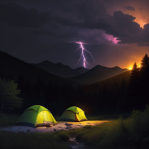 AI generated: lightning bugs in the middle of a forrest vally with camp site in the backround at dusk, photo reali...