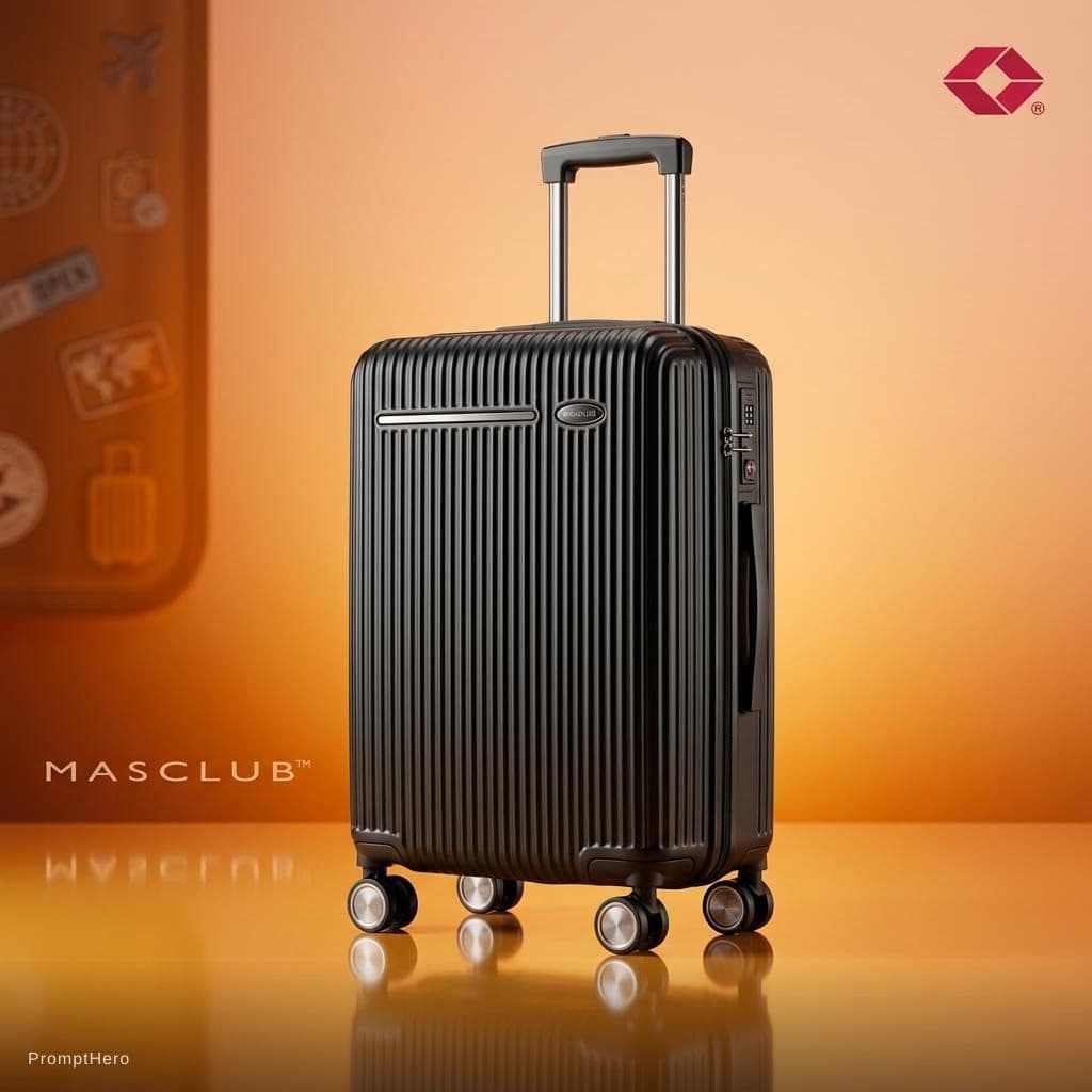 AI generated: A sleek black carry-on suitcase displayed as a premium product hero shot. The suitcase has a hard-sh...