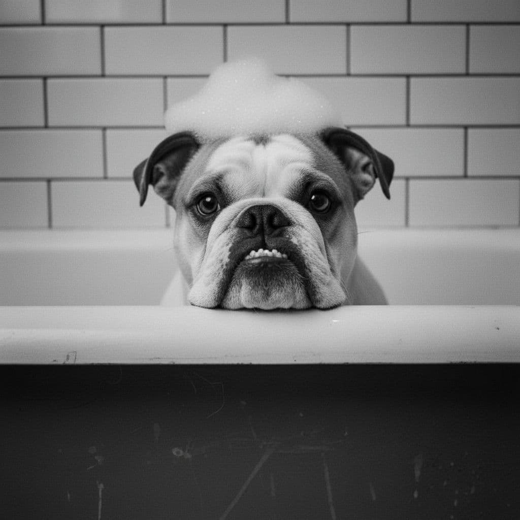 AI generated: Add soap bubbles to the top of it's head and the back wall should be white subway style shower tiles