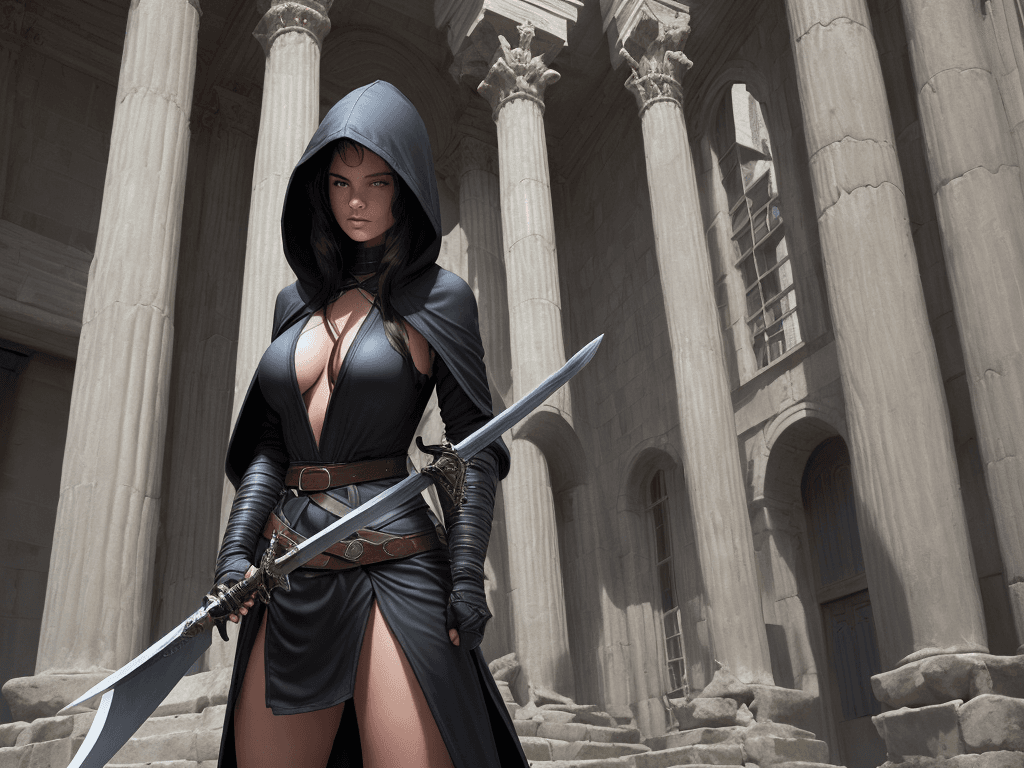 AI generated: a wide-angle photograph of a woman in a hooded outfit, holding a sword and leaning against an ancien...