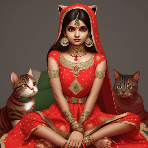 AI generated: Cat wearing indian dress with high Jweelary 
