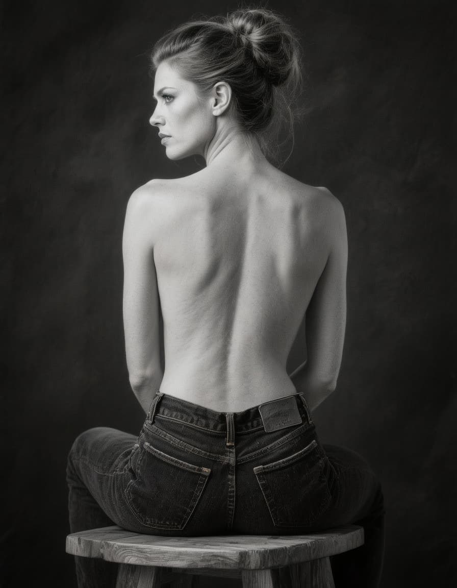 AI generated: Black an white photo of A woman sits confidently on a wooden stool, her bare back turned to us. Her ...
