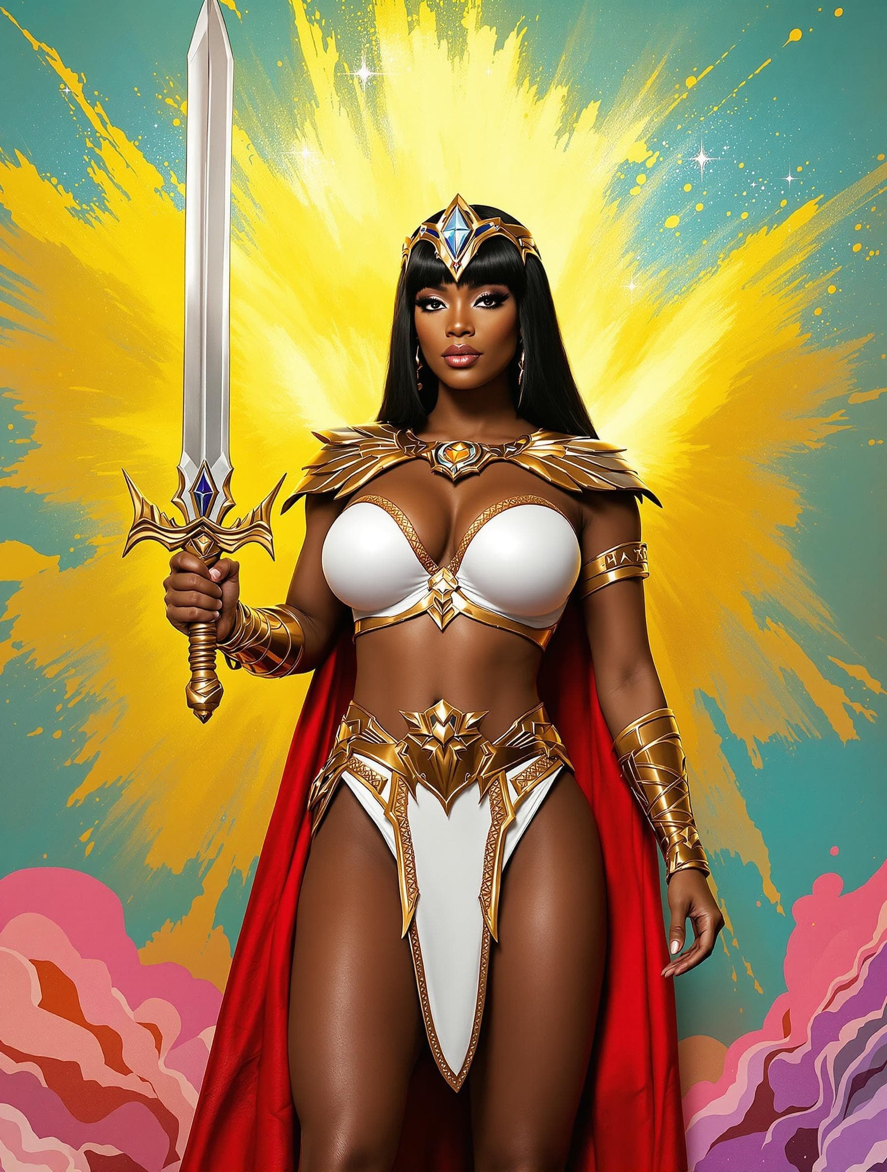 AI generated: A real life depiction of She-Ra, Princess of Power, holding her sword.

The image features a real ...