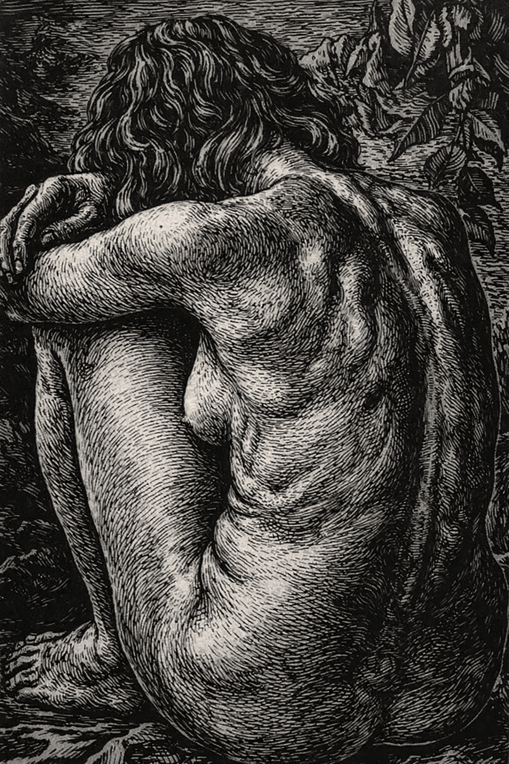 AI generated: sad nude woman sitting from behind, curled up posture, hugging her knees, head down, long wavy hair ...