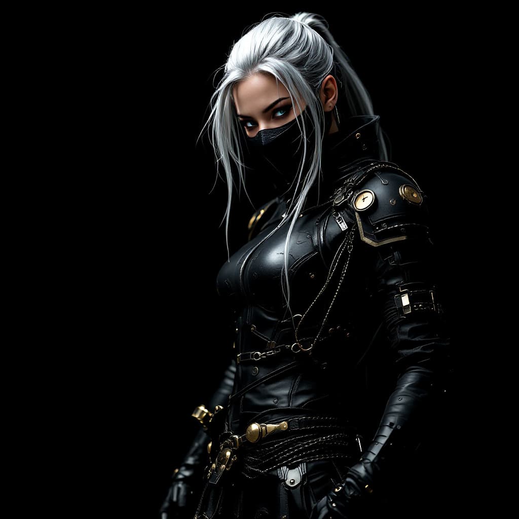 AI generated: Female shinobi standing forward, shot from a distance,  cyberpunk masked, visible long silver hair, ...