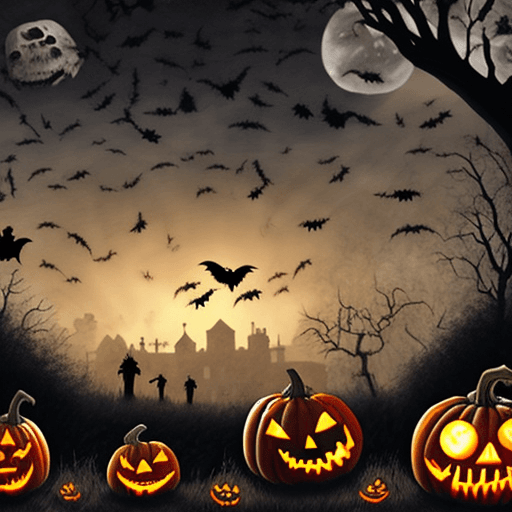 AI generated: zombie and pumpkins on a spooky night in a garden whit crows in the sky flying around, 8k, high deta...
