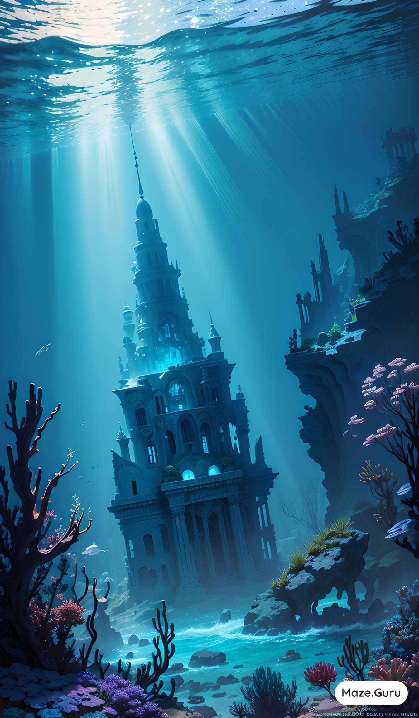 AI generated: A Photograph capturing the grandeur of Atlantis, a mythical lost city beneath the waves. The composi...