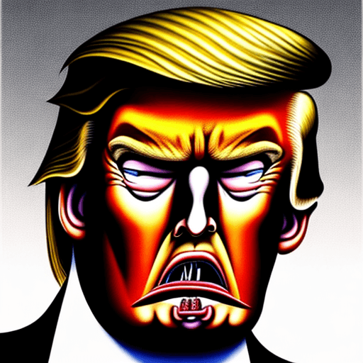 AI generated: image of donald trump with a vicious expression with his face with his lips in the shape of a narrow...