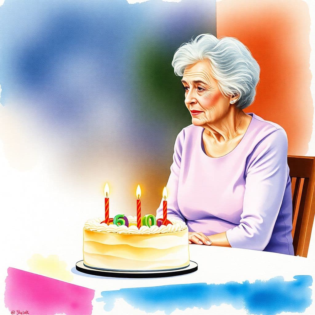 AI generated: Watercolor painting of a 60-year-old woman sitting looking at a birthday cake on a table.