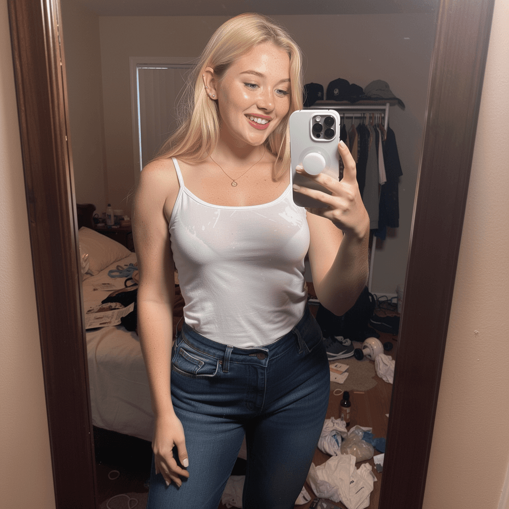 AI generated: Ultra realistic, mirror self shot picture, iPhone 13 Pro, slight camera flash, high quality image, s...