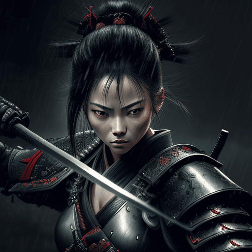 AI generated: epic digital portrait of a woman samurai in black armor, intricate samurai armor, no helmet, lifting...