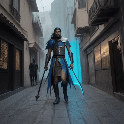 AI generated: hombre medieval, espada en mano, runas, palabras griegas, el hombre caminando en una ciudad futristi...