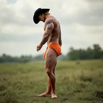 AI generated video:  turning sideways looking down flexing biceps smiling
