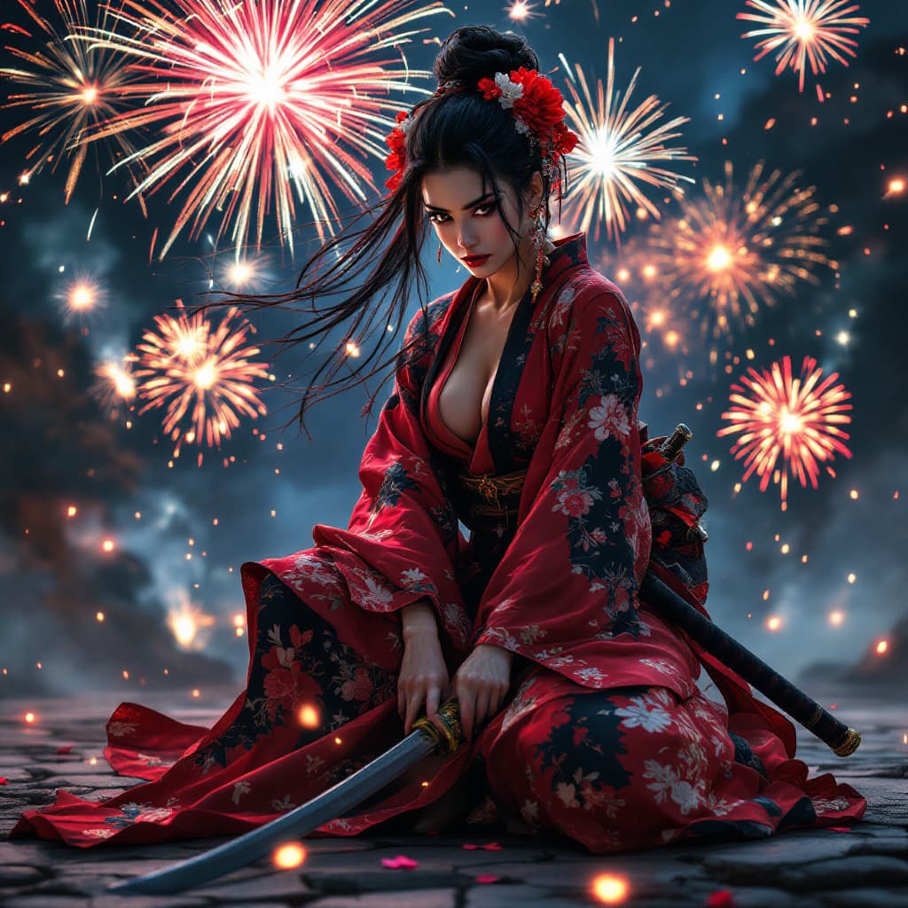 AI generated: (((Full body view))) of a fierce samurai woman of Japanese descent in a flowing red and black kimono...