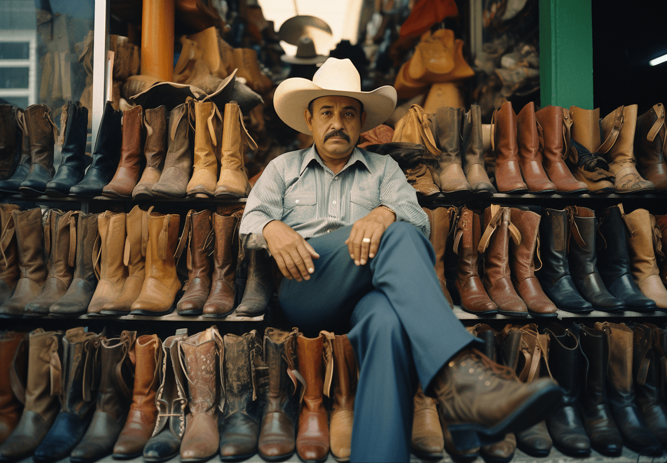 AI generated: A Mexican man sitting on the edge of his shoe shop in front of cowboy boots, surrounded by many leat...