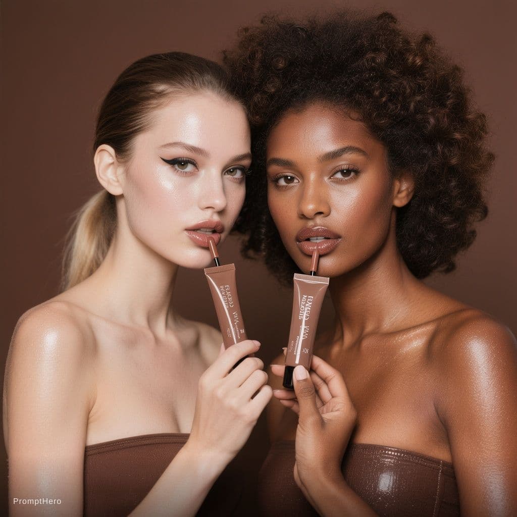 AI generated: A high-end editorial beauty campaign photograph of two diverse models with glowing, dewy skin. One m...