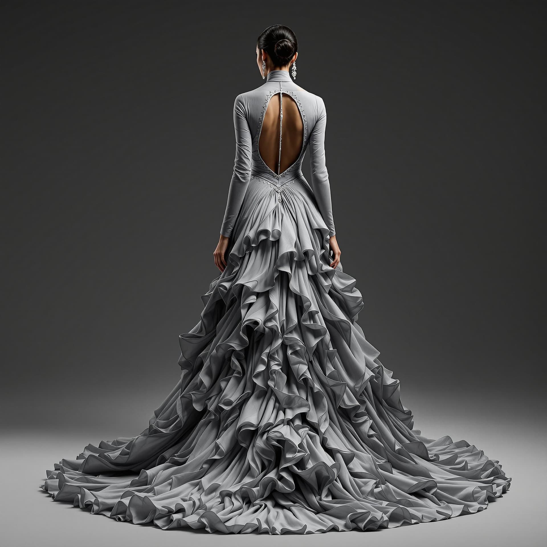 AI generated: The image is a full-length portrait of an Indian woman in a flowing grey dress. The dress features a...