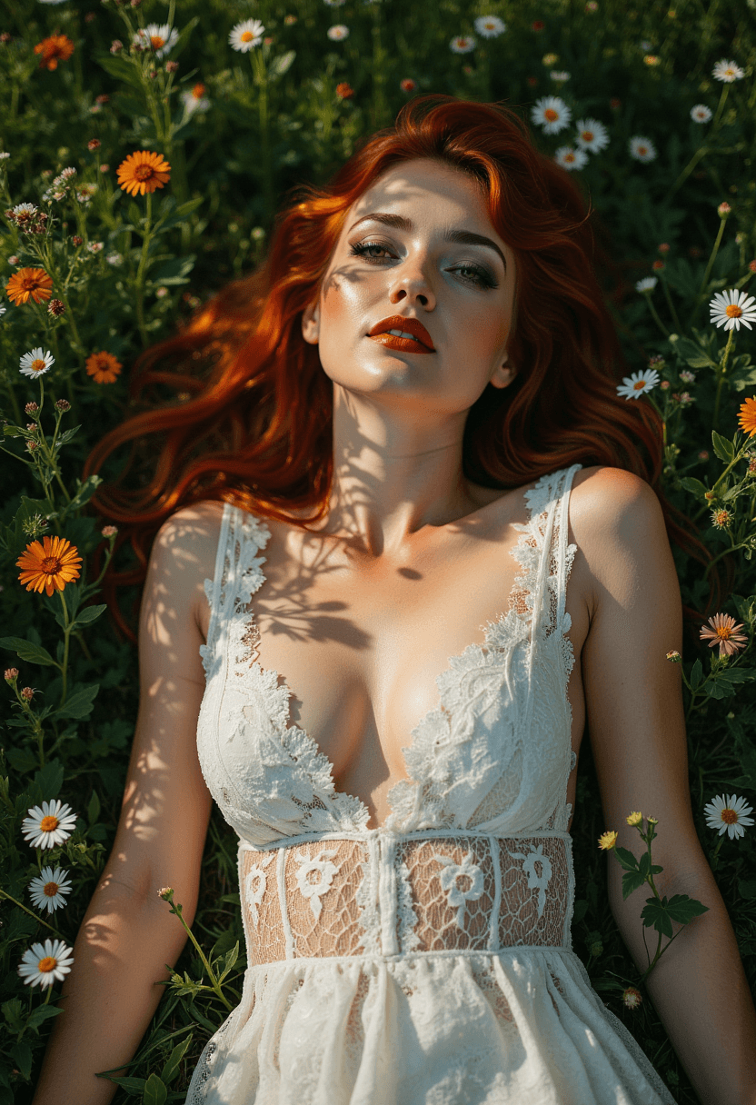 AI generated: A woman lies alone on the lush grass, her figure bathed in a soft, dappled light that filters throug...