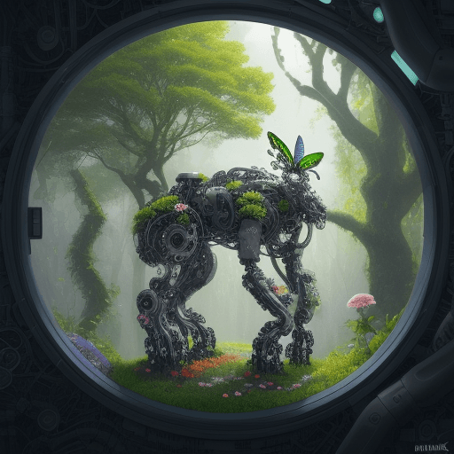 AI generated: A piece of nature with trees, flowers and cute animals made of mechanical parts and electronics, fut...
