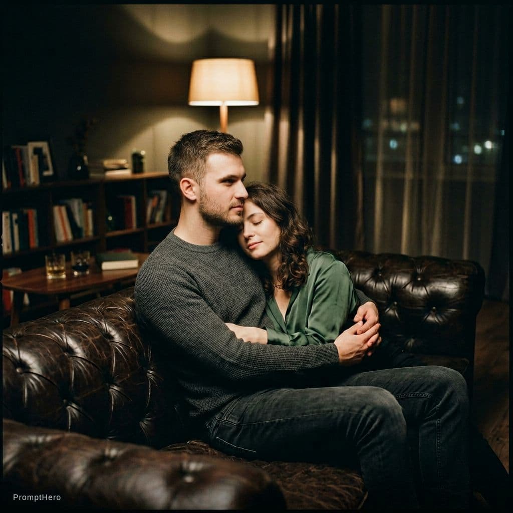 AI generated: A hyper-realistic, cinematic, 8k resolution photo of a passionate couple embracing on a modern, dark...