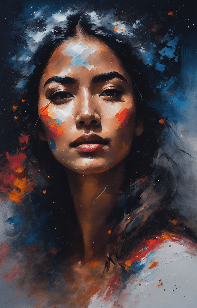 AI generated: Beautiful Latina woman, brush strokes, slowly disintegrating, night, cold, clear starry sky, windy, ...