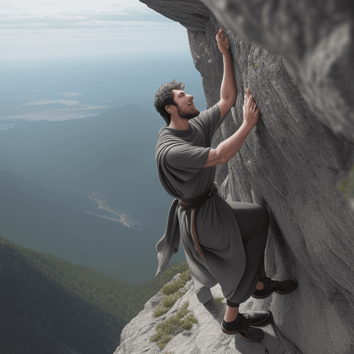AI generated: the man  about 25 yeas old  wearing a large gray tunic, climbing the mountain